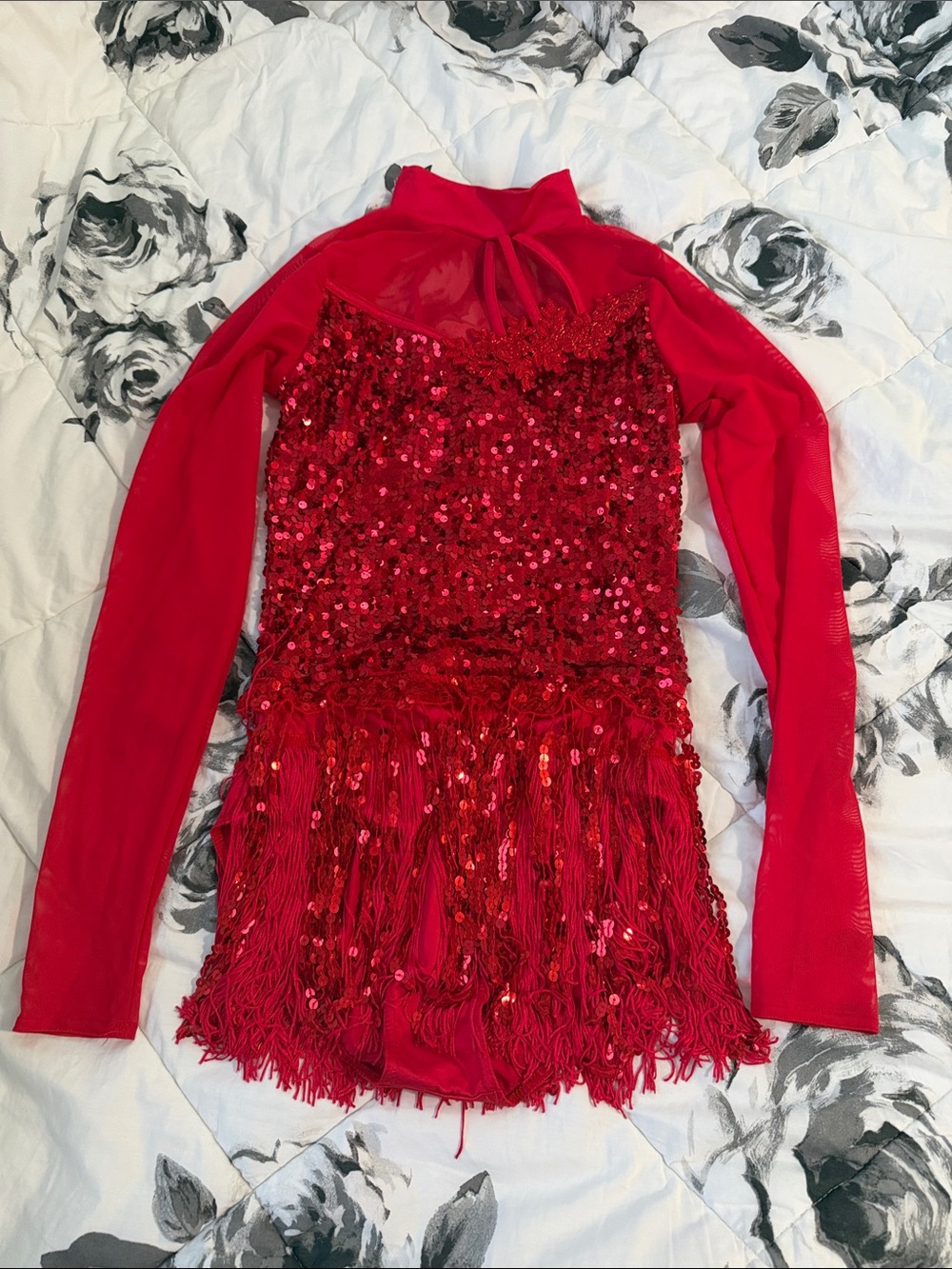 Red Sequin Fringe Long Sleeve Dance costume